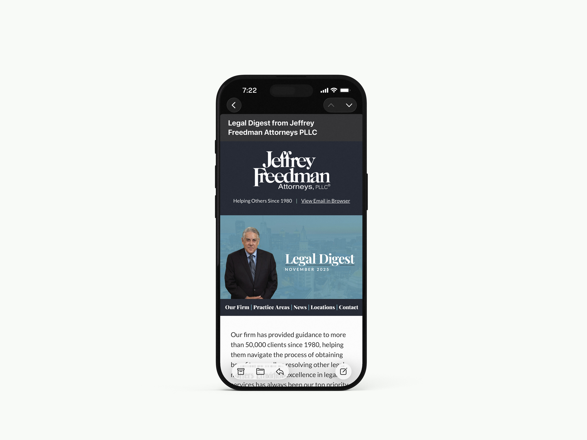 Jeffrey Freedman Attorneys website showing on a phone screen